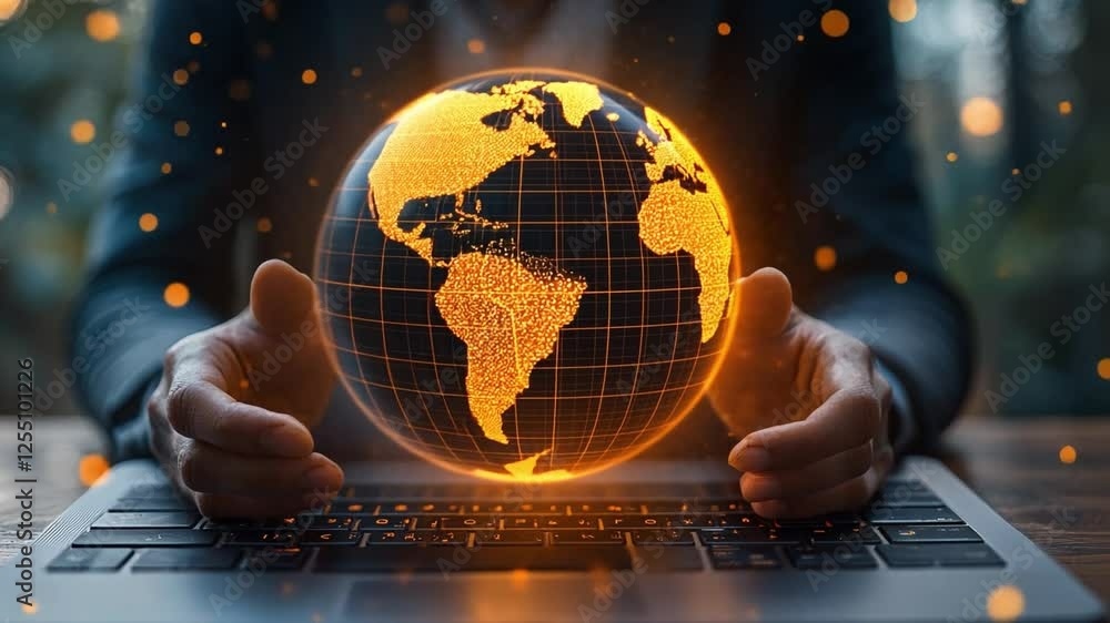 Aufkleber global connection: a close-up captures a person's hands cradling a glowing digital globe hovering ab