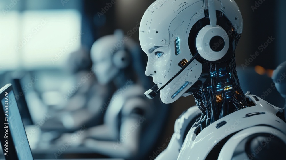 Poster humanoid ai cyborg working in a call center. generative ai