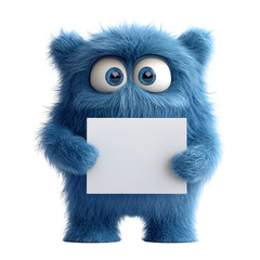 Cute fuzzy blue character holding a blank white sign