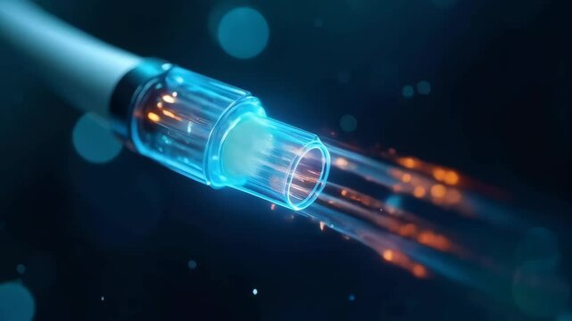 Fiber optic cable transmitting digital data in blue glowing light. Internet connection. Digital infrastructure and communication, data transfer concept. Technology Day, World Internet Day