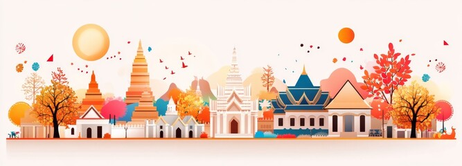 Obraz premium Vibrant Cityscape of Southeast Asia: A stylized, colorful illustration of a bustling Southeast Asian city. The image features traditional architecture, vibrant hues, and whimsical details.