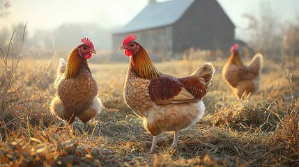 Fototapeta premium Three Hens in a Rural Farm Setting at Dawn