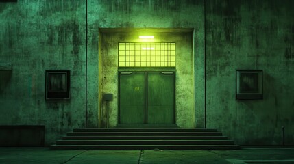Vintage Green Neon Brutalism Background with Retro Aesthetic, Urban Architecture, and Moody Lighting for Unique Artistic Projects and Visual Storytelling