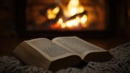 An open book rests on a cozy knitted blanket in front of a warm fireplace, creating an inviting atmosphere perfect for reading on a chilly evening.