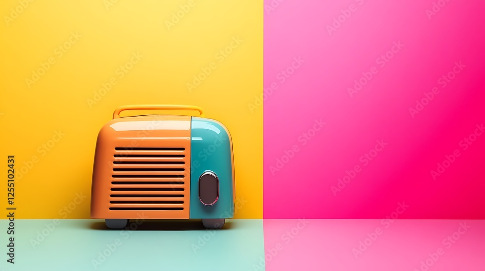 Poster colorful retro radio on vibrant background; possible use in graphic design, advertising, or website