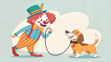 Cartoon illustration of a clown walking a dog