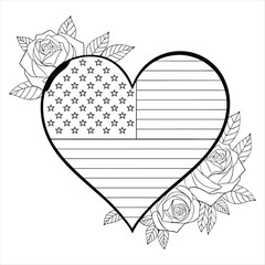 Heart-Shaped American Flag with Roses Black and White Patriotic Vector Design