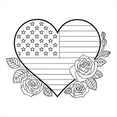 Heart-Shaped American Flag with Roses Black and White Patriotic Vector Design