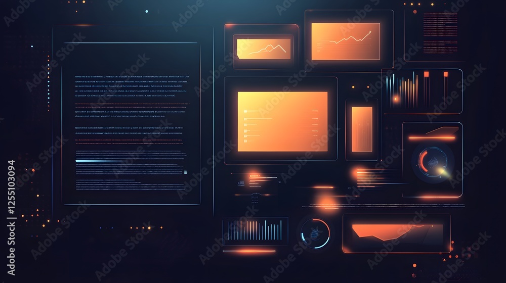 Poster futuristic digital dashboard showing data visualization and information panels