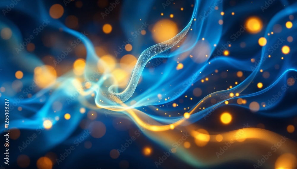 Poster luminous blue strands with glimmering gold bokeh particles abstract image