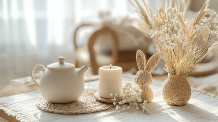 Serene still life featuring a teapot, candle, decorative bunny, and floral arrangement in soft, natural lighting.