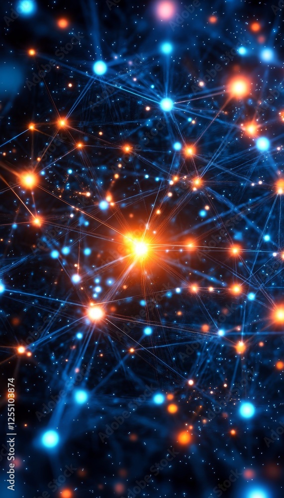 Poster dynamic network with flowing grid and interconnected nodes in futuristic minimalist design