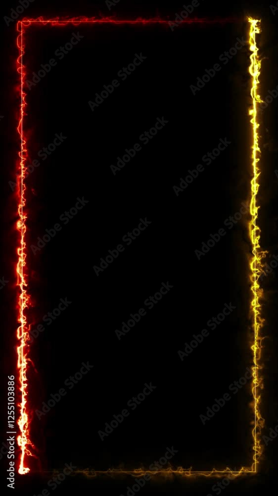 Poster red and yellow color neon glowing border with laser sparks and reflection in a vertical rectangle