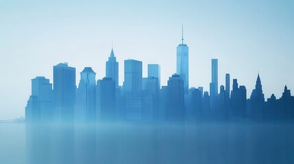 Fototapeta premium Minimalist New York city skyline silhouette in blue and white, featuring iconic landmarks for commercial use.