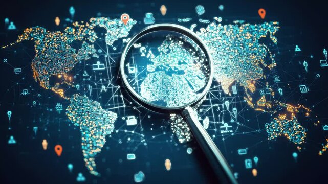 Magnifying glass search in futuristic world map, symbolizing global reach and multi-language capabilities. 
