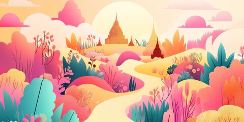 Sunrise Over the Pagoda: A winding path leads through a vibrant landscape towards a golden pagoda bathed in the warm light of sunrise. This illustration evokes a sense of tranquility and wonder.