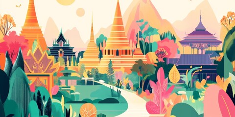 Serene Asian Landscape: A vibrant, stylized depiction of a serene Asian landscape with traditional architecture, lush gardens, and majestic mountains.