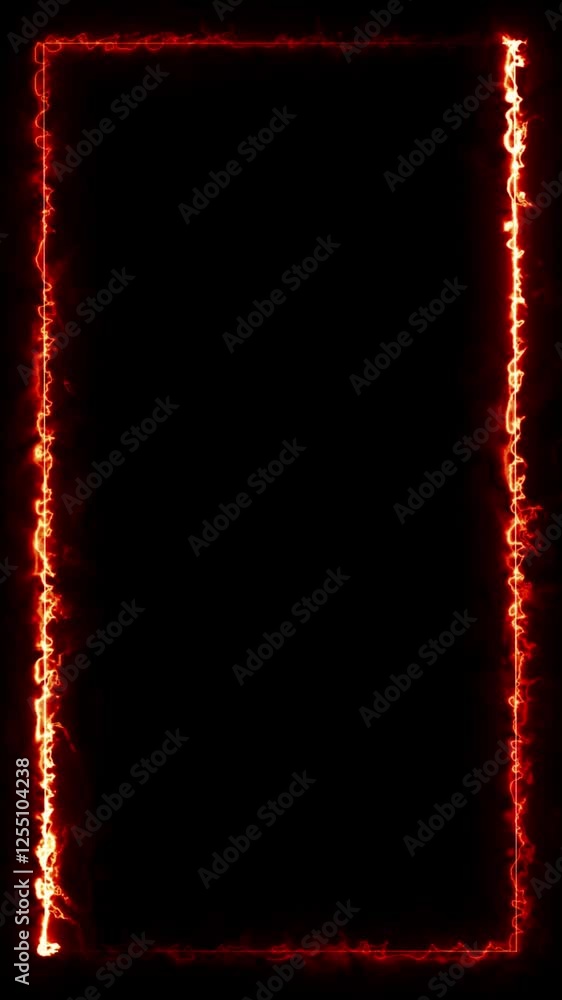 Poster red neon glowing border with laser sparks and reflection in a vertical rectangle
