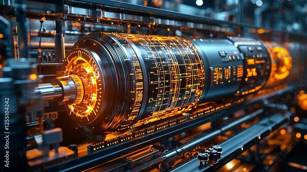 Poster advanced engineering: a high-tech, state-of-the-art machinery machine in a factory setting, its intr