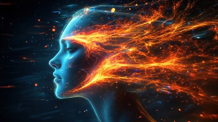 A woman with glowing light trails flowing from her face symbolizes the ethereal connection between thought and energy representing the fluid nature of ideas in a cosmic context