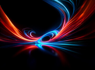 Fototapeta premium Abstract image featuring dynamic swirls of vibrant blue and red light trails against a stark black background, creating a sense of energy and motion.