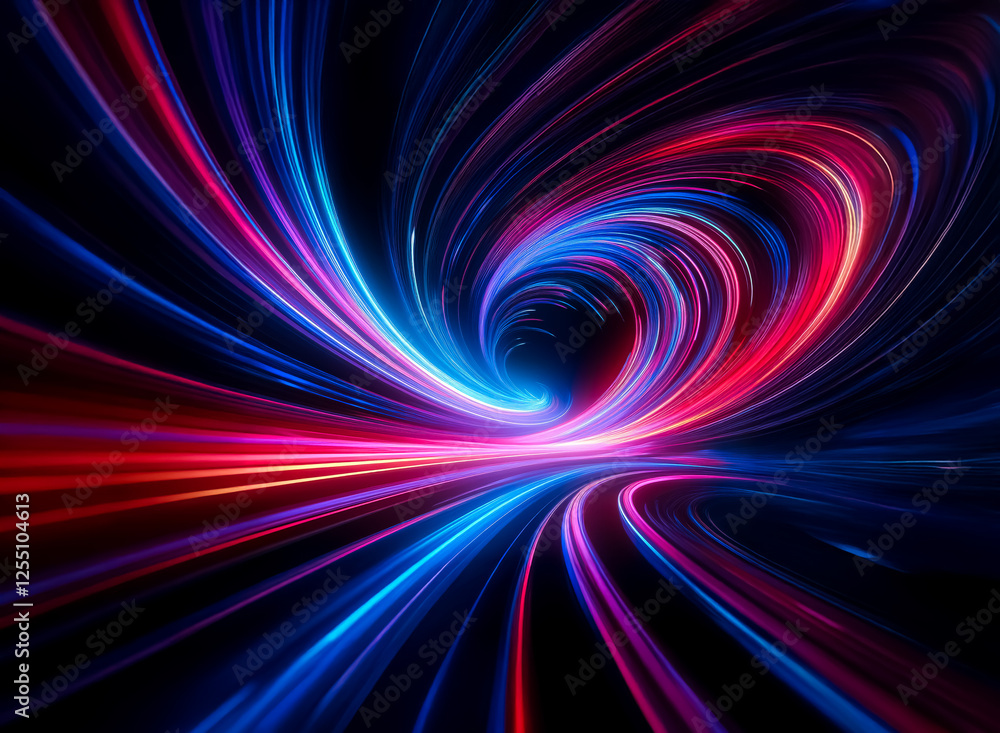 Poster abstract image of vibrant blue and red light trails swirling and converging to form a dynamic tunnel