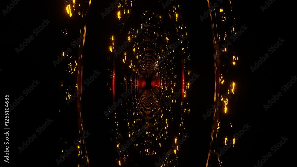 Poster endless forward movement in a dark corridor of oval rings with red-orange lighting. 3d render looped
