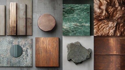 make some moodboards including bronze materials, with glass and stones and woods and green matching with bronze and copper,
