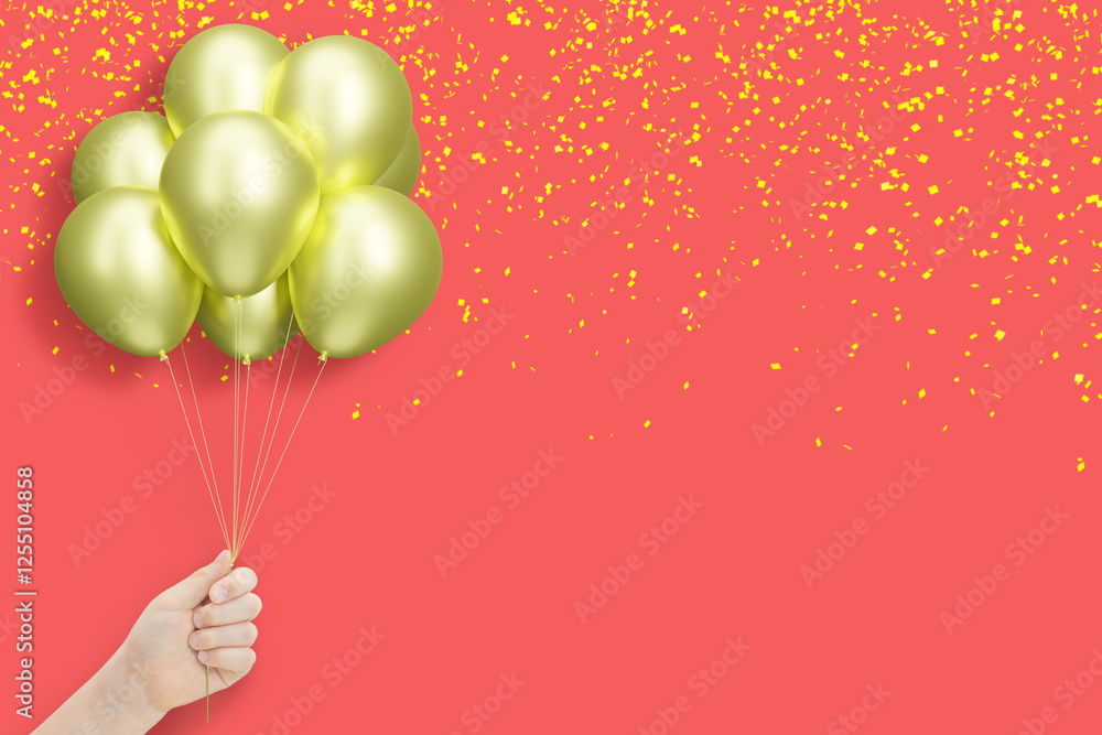 Poster female hand holding bunch of shiny golden or yellow balloons on red background with confetti. empty 