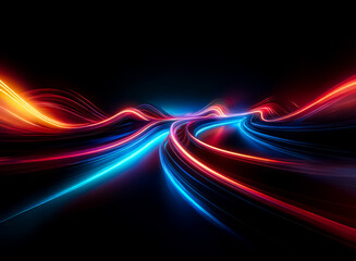Abstract light trails in vibrant colors of blue, red, and orange create a dynamic and futuristic feel on a black background.