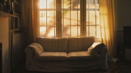 Fototapeta premium Sunlit Sofa Serenity: A Golden Hour Home Scene