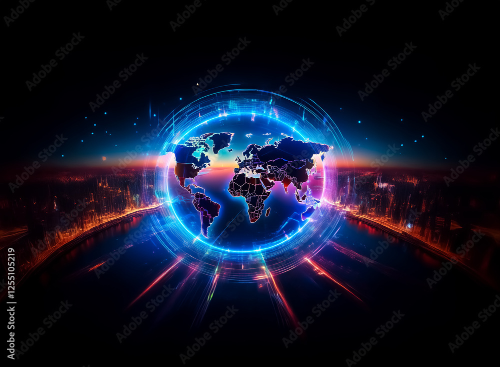 Poster futuristic world map with glowing digital lines and light effects. the globe is centered in a vibran