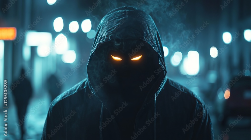 Poster mysterious man in dark hoodie with glowing face illuminated by soft light creating an enigmatic and 