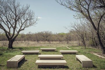 Concrete Display Stands Arranged for Outdoor Exhibition in Grass Field