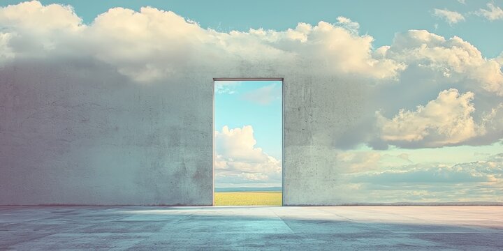 Concrete Wall with Doorway Opens to Serene Sky and Field