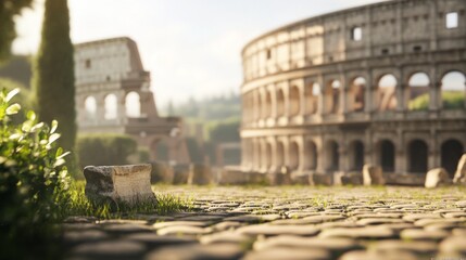 Roman Colosseum sunrise, ancient ruins, cobblestone path