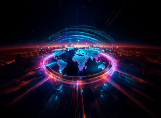 Fototapeta premium Vibrant digital world globe encircled by luminous rings and radiant light rays on a dark, star-filled background. Suggests global networks and future tech.