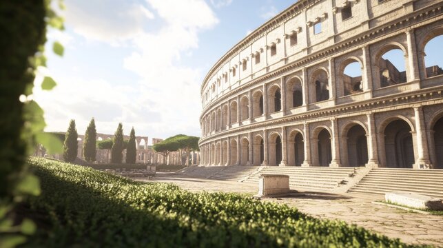 Roman amphitheater sunny day, historical site, travel background