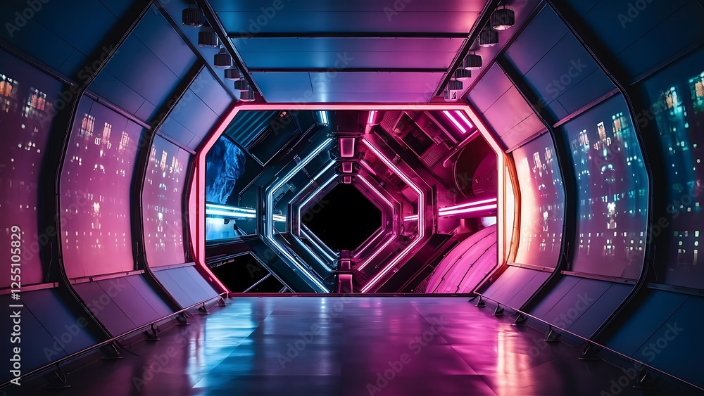 Poster empty blue and pink spaceship interior with illuminated projector. futuristic corridor in space stat