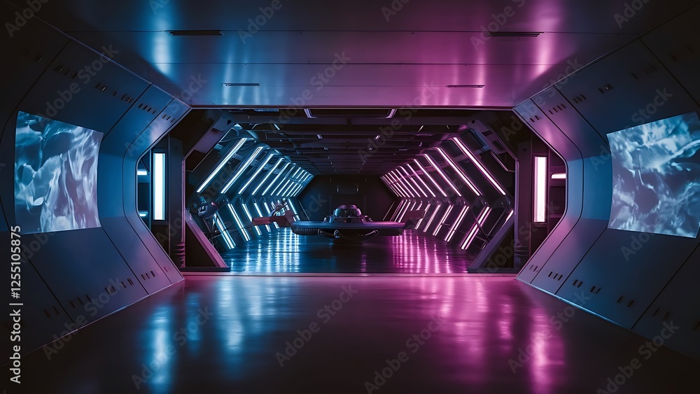 Poster empty blue and pink spaceship interior with illuminated projector. futuristic corridor in space stat