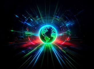 Obraz premium A vibrant green globe of Earth is at the center, radiating streaks of blue, green, and red lights, creating a futuristic, technological scene against a dark background.