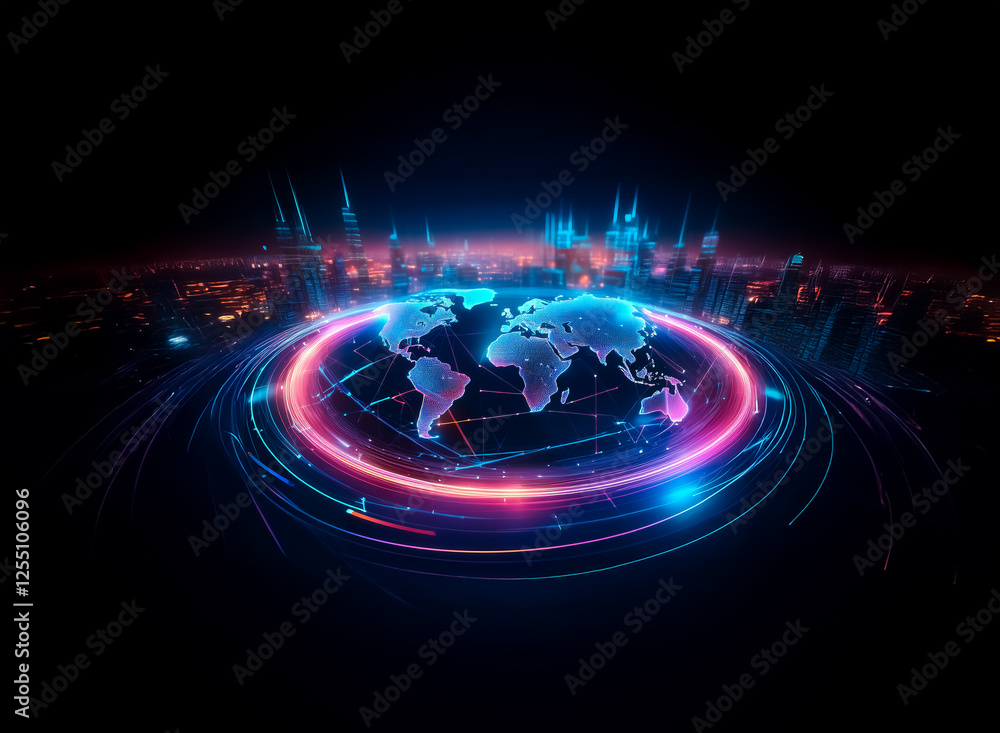 Poster a glowing world map is encircled by vibrant neon lines, set against a dark cityscape backdrop with i
