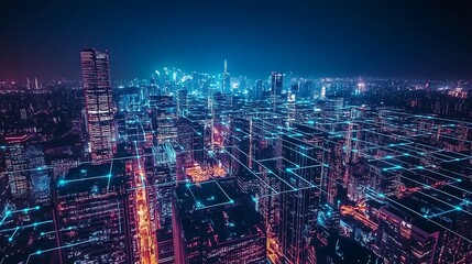 Fototapeta premium Futuristic Cityscape: Networked Metropolis at Night