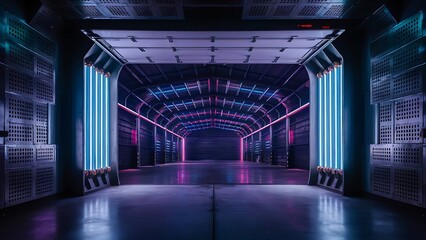 Empty room cyber neon laser Interior. Garage room hangar with sci fi glowing blue tubes. Futuristic dark tunnel warehouse with metal panels wall lighted with lights.