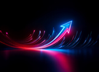 Neon arrow glowing red and blue points upward on black, with dynamic streaks, symbolizing forward motion and growth on a dark backdrop.