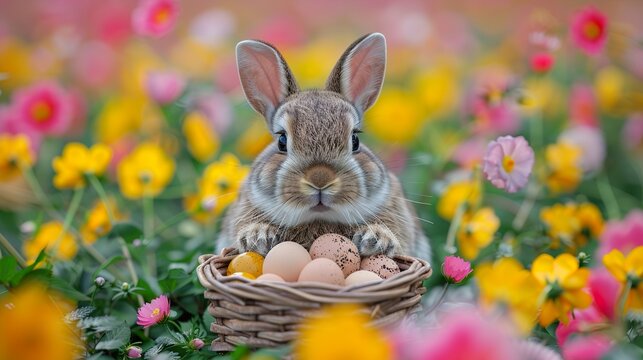 un lapin qui tient un panier rempli d'oeufs de p&Atilde;&cent;ques dans un jardin  HD 8K wallpaper Photographic Image