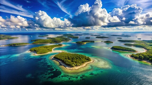 Aerial view of Brijuni archipelago in Croatia, clouds, island,  clouds, island, natural beauty, pine tree