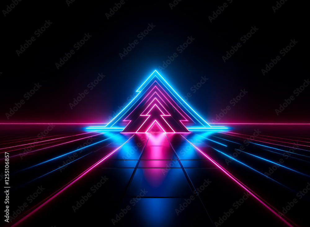 Poster a vibrant neon triangle emits blue and pink light, positioned on a dark reflective floor with perspe