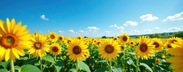Obraz premium Vast sunflower field, azure sky Vibrant yellow blooms against deep blue , day, countryside