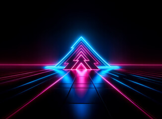 A vibrant neon triangle emits blue and pink light, positioned on a dark reflective floor with perspective lines creating a futuristic tunnel effect.